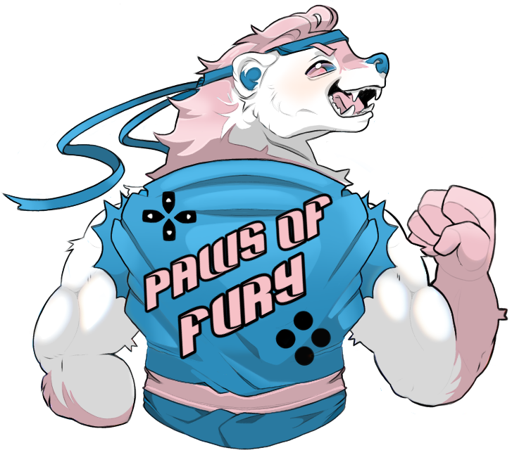 A white and pink anthropomorphic honey badger wearing a blue gi with the sleeves torn off, blue headband, and pink belt. The back of his gi reads "Paws of Fury" with video game controller graphics.